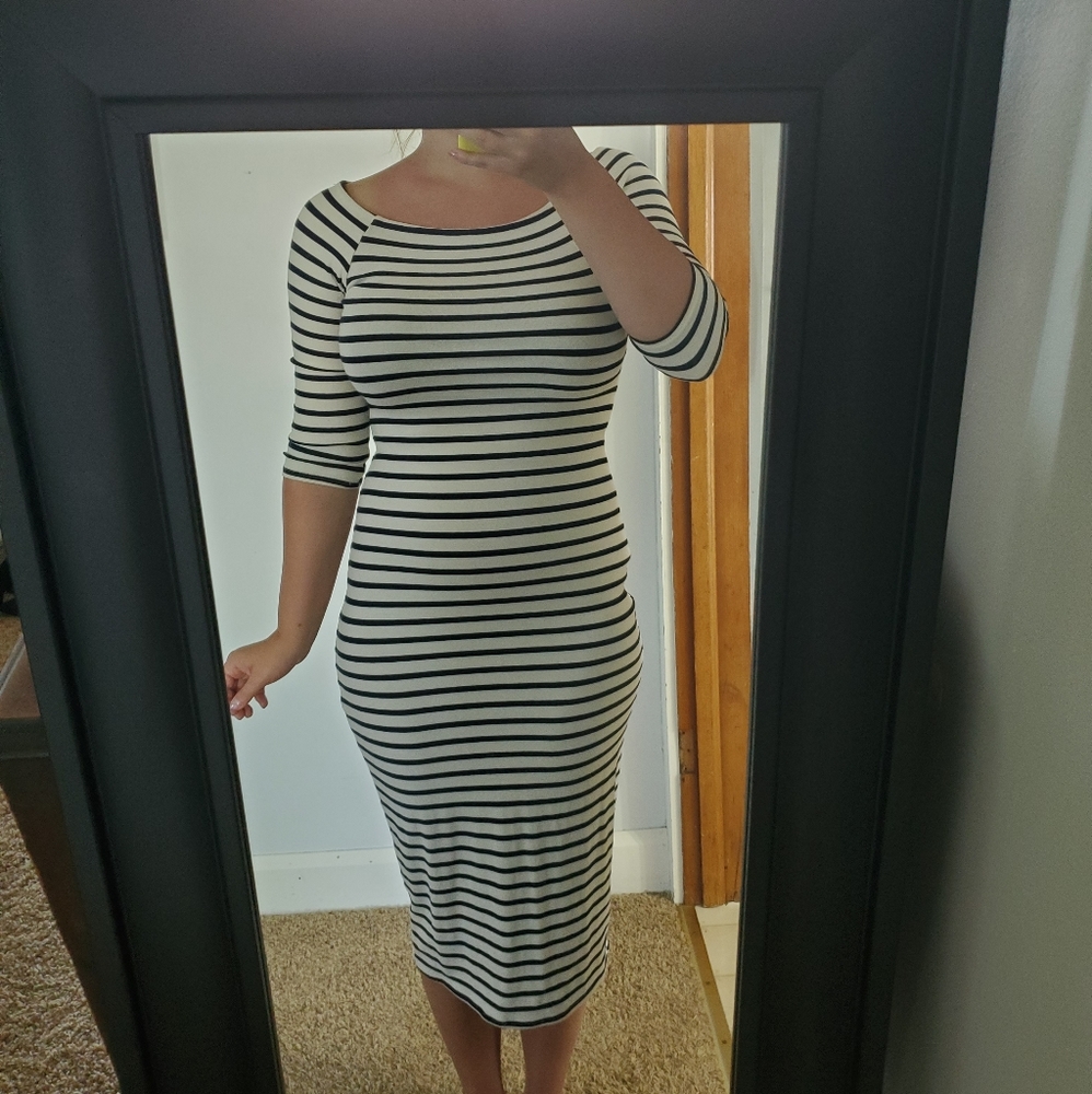 Navy striped bodycon midi dress